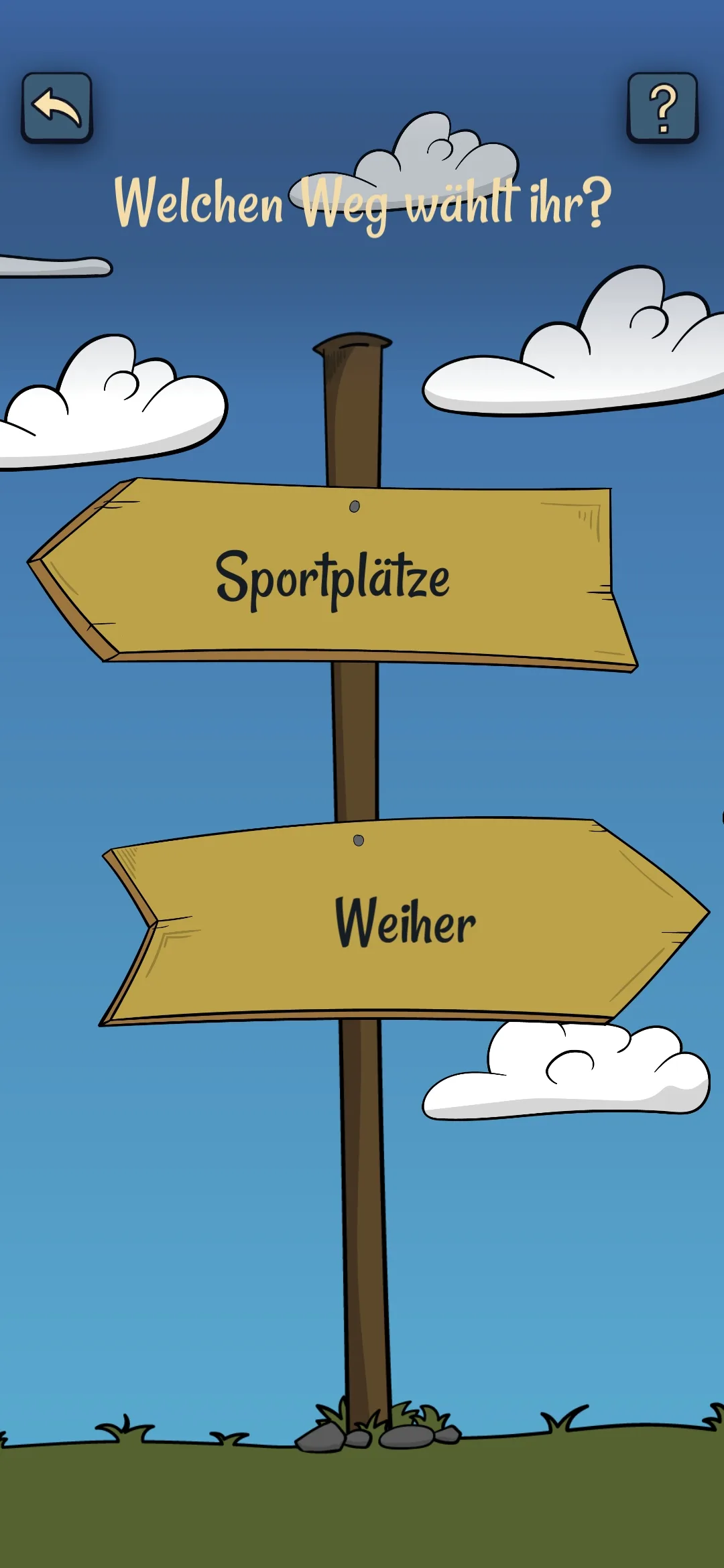 Immer wieder können sich die Kinder entscheiden, welche Route ihnen mehr zusagt. Ein Screenshot von einer Seite in der App.